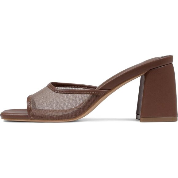 Shoes - Women's Brown Mesh Slide Sandals Square Open Toe Mules Chunky Heels Slip On